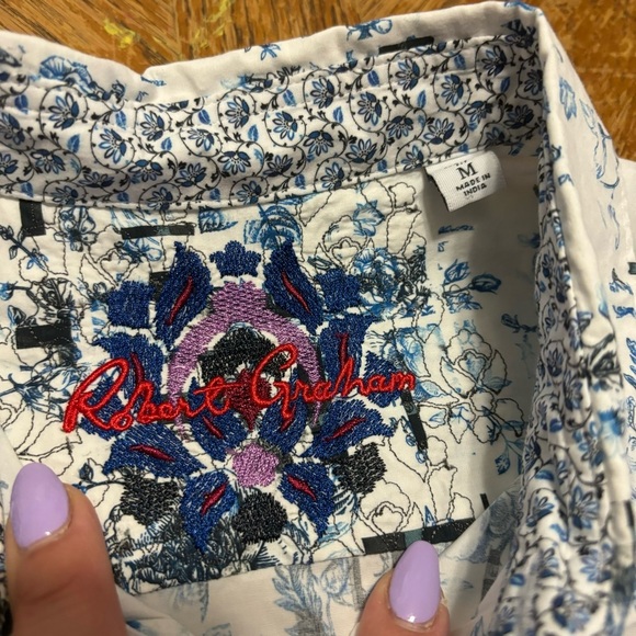 Robert Graham Shirts Inkom White Blue Floral Print Men’s Sz Medium Flip Cuff - Picture 4 of 7